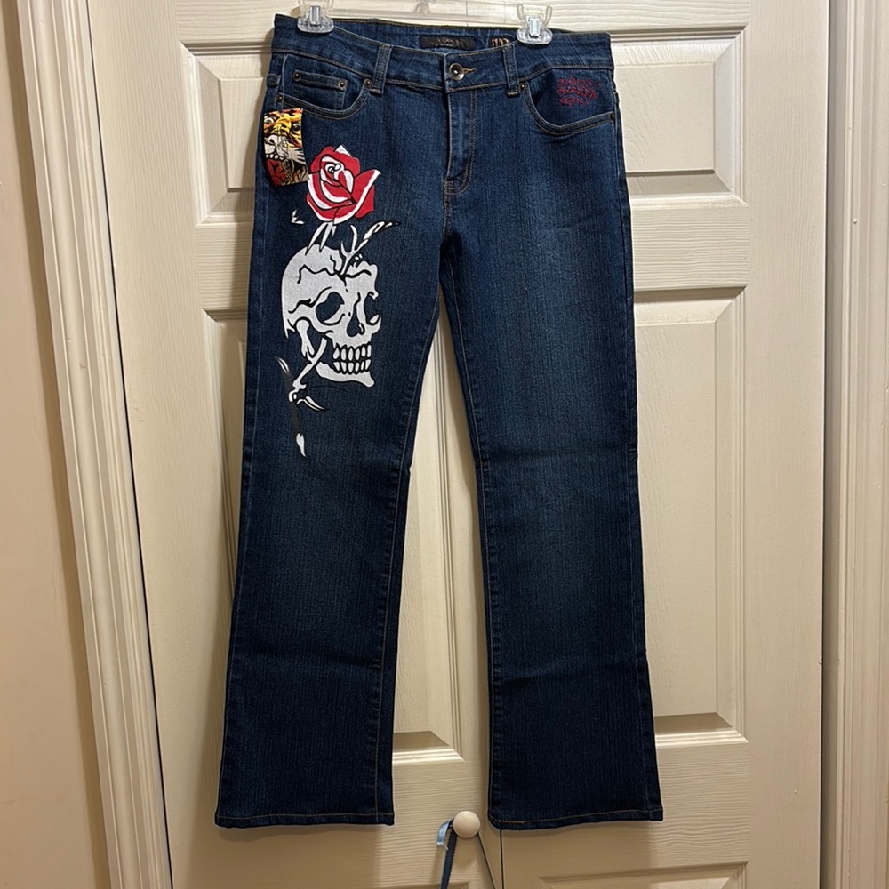 Ed Hardy Boot Cut Jeans with Skull and Rose Design - Dark Blue